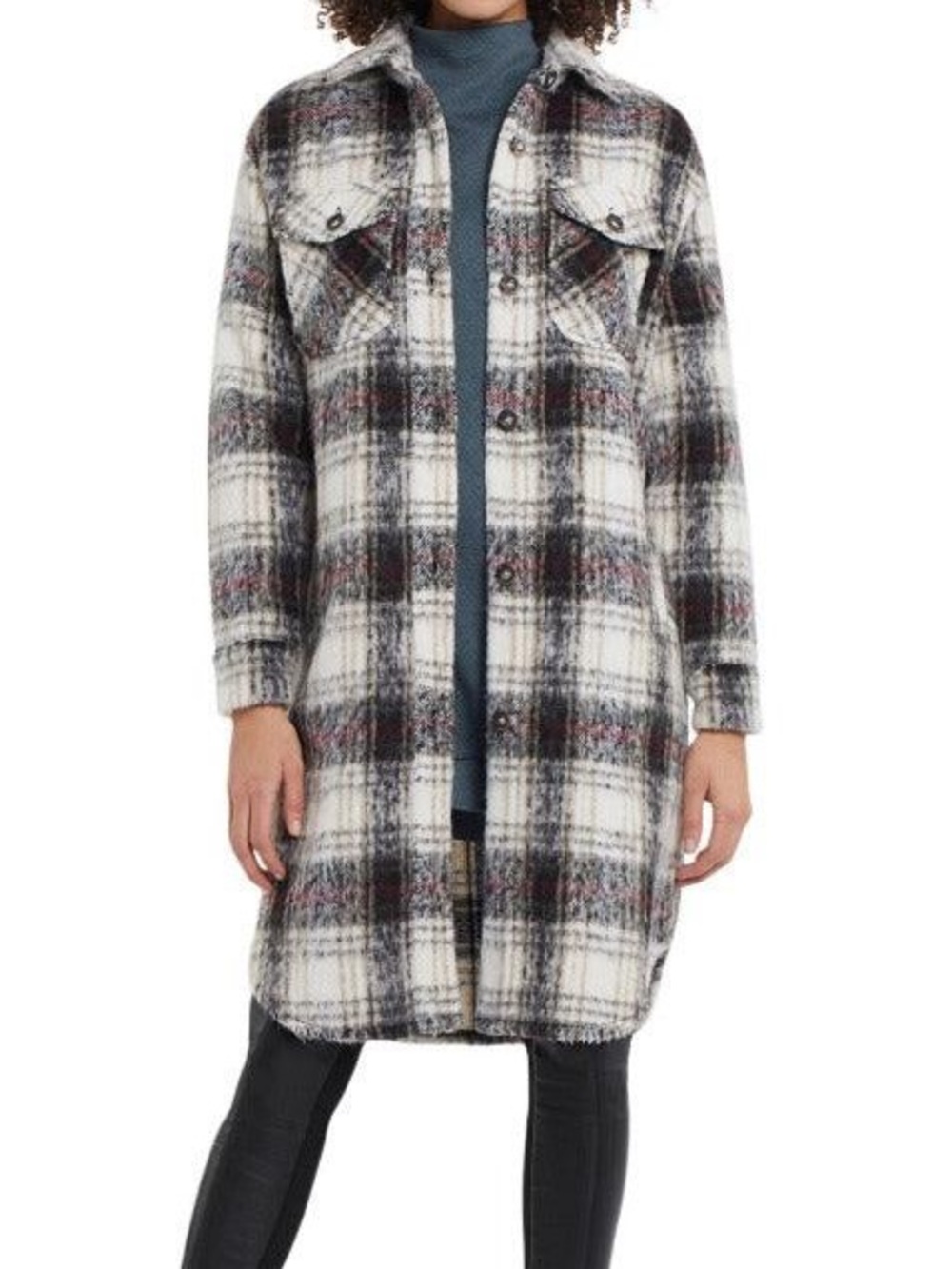 Plaid Long Shacket in White & Gray